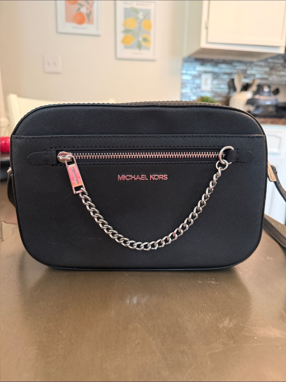 Michael Kors Black Crossbody with Silver Chain Detail